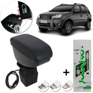 Encosto Descanso Braço Apoio USB Ecosport 07 a 12 Automática Porta Objetos Eco Couro Preto + Brinde