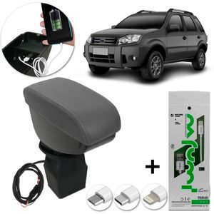 Encosto Descanso Braço Apoio USB Ecosport 07 a 12 Automática Porta Objetos Eco Couro Cinza + Brinde