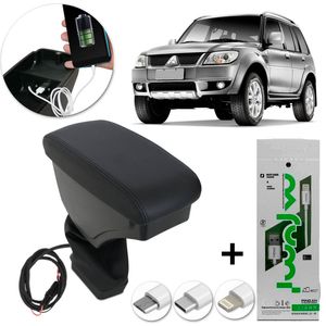 Encosto Descanso Braço Apoio USB Pajero TR4 2003 a 2015 Porta Objetos Couro Ecológico Preto + Brinde