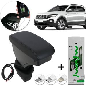 Encosto Descanso Braço Apoio USB T-Cross 2019 2020 e PCD Porta Objetos Couro Ecológico Preto + Brind