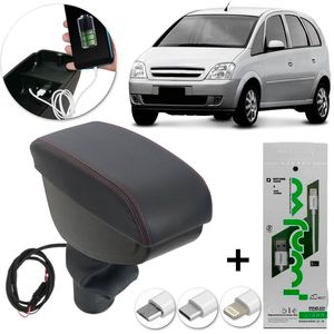 Encosto Descanso Braço Apoio USB Meriva 2003 a 2012 Porta Objetos Couro Ecológico Preto + Brinde