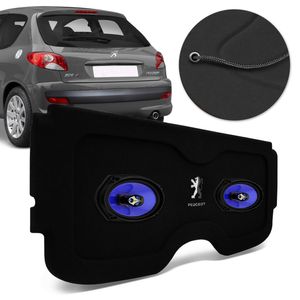 Kit Tampão Porta Malas Peugeot 206 2001 a 2015 Carpete Preto Bagagito + Alto Falante Shutt 6x9" 140W