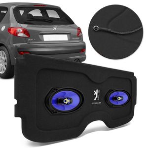 Kit Tampão Porta Malas Peugeot 206 207 Carpete Grafite Bagagito + Alto Falante Shutt 6x9" 140W RMS