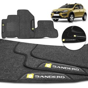 Jogo de Tapete Carpete Sandero Stepway 2012 a 2025 Logo Bordada 3 Peças