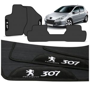 Jogo de Tapete PVC Peugeot 307 2003 a 2009 Preto Com Logo Bordado Concept 3D 3 Peças