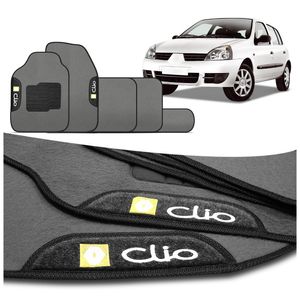 Jogo de Tapetes Carpete Clio 1997 a 2012 Grafite Cinza Claro com Logo Bordada Concept 3D 5 Peças