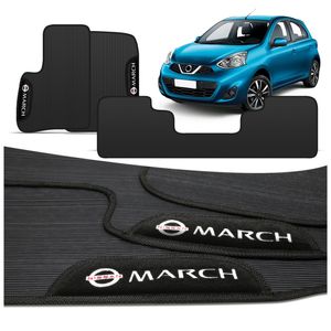 Jogo de Tapetes PVC Nissan March 2011 a 2020 Preto Logo Bordada Concept 3D 3 Peças