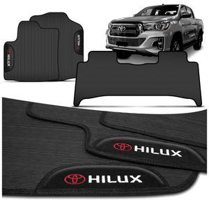 Jogo de Tapetes PVC Hilux 2019 a 2024 Preto Com Logo Bordado Concept 3D 3 Peças