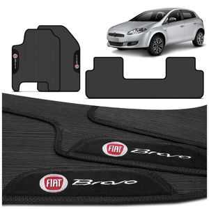 Jogo de Tapetes PVC Fiat Bravo 2011 a 2016 Preto Logo Bordada Concept 3D 3 Peças