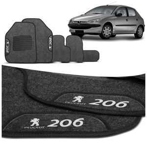 Jogo de Tapetes Carpete Peugeot 206 1999 a 2010 Grafite com Logo Bordado Concept 3D 5 Peças