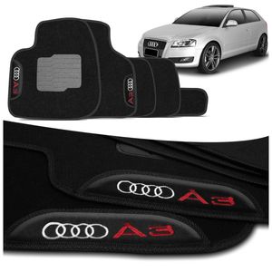 Jogo de Tapetes Carpete Audi A3 Sportback 2007 a 2020 Preto com Logo Bordado Concept 3D 5 Peças