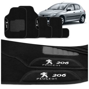 Jogo de Tapete Carpete Peugeot 206 1999 a 2010 Preto Com Logo Bordado Concept 3D 5 Peças