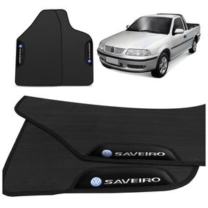 Jogo de Tapete PVC Saveiro G3 2000 a 2005 Preto Com Logo Bordado Concept 3D 2 Peças