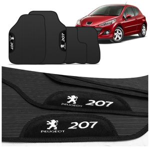 Jogo de Tapete PVC Peugeot 207 2007 a 2015 Preto Com Logo Bordado Concept 3D 4 Peças