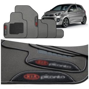 Jogo de Tapete Carpete Picanto 2008 a 2010 Cinza Claro Com Logo Bordado Concept 3D 5 Peças