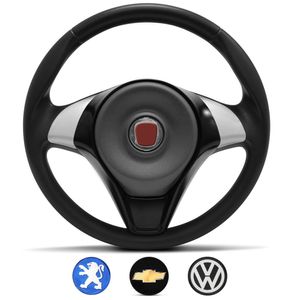 Volante Palio Sporting Preto Com 4 Emblemas Fiat GM VW Peugeot Universal Sem Cubo