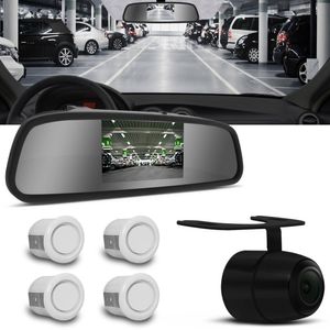 Sensor de Estacionamento 4 Pontos Branco Com Retrovisor Display LCD 4,3' e Câmera de Ré Universal