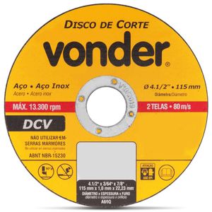 Disco de Corte Vonder Aço e Aço Inox 1,0mm 4.1/2 Polegadas 115mm 13300RPM 2 Telas 80 m/s