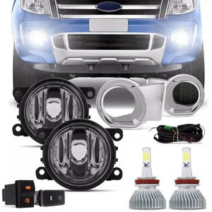 Kit Farol Milha Ranger 12 a 15 Aro Cromado com Par Lâmpadas Super LED Headlight H11 6000K 6400LM