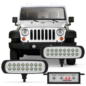 Par Farol Milha Strobo Safety Car 16 LEDs 9 Efeitos 12V 24V Luz Branca Autopoli