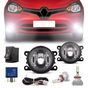 Kit Farol de Milha Renault Clio 2013 a 2016 Botão Universal + Kit Super LED 3D Headlight H11 6000K