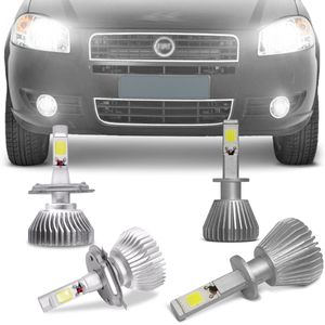 Kit Lâmpadas Super LED Headlight Palio 2008 A 2012 Farol Baixo Alto H4 e Milha H1 6000K Efeito Xênon