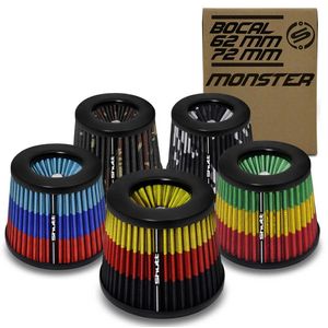 Filtro de Ar Esportivo Duplo Fluxo Monster 62mm 72mm Cônico Lavável Especial Shutt Base Aço Tuning