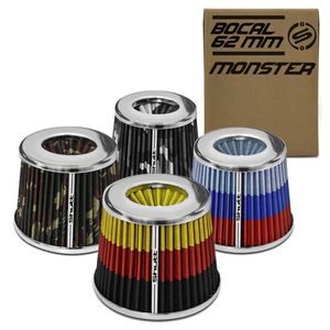 Filtro Ar Esportivo DuploFluxo Monster 62mm Cônico Lavável Especial Shutt Base Aço Cromada Tuning