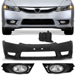 Parachoque Dianteiro New Civic 2009 2010 2011 Preto + Kit Farol de Milha Auxiliar Neblina